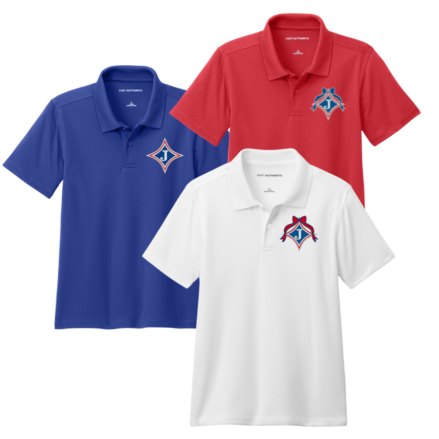 Youth Short Sleeve Moisture Wicking Polo with embroidered school logo