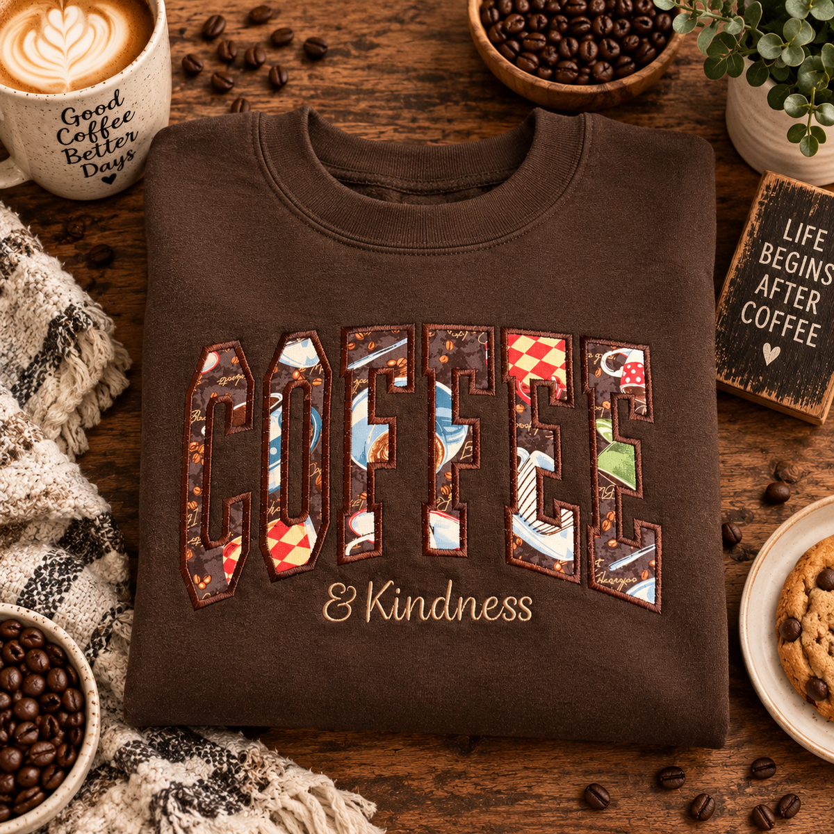 Embroidered Coffee Sweatshirt | Coffee & Kindness Shirt
