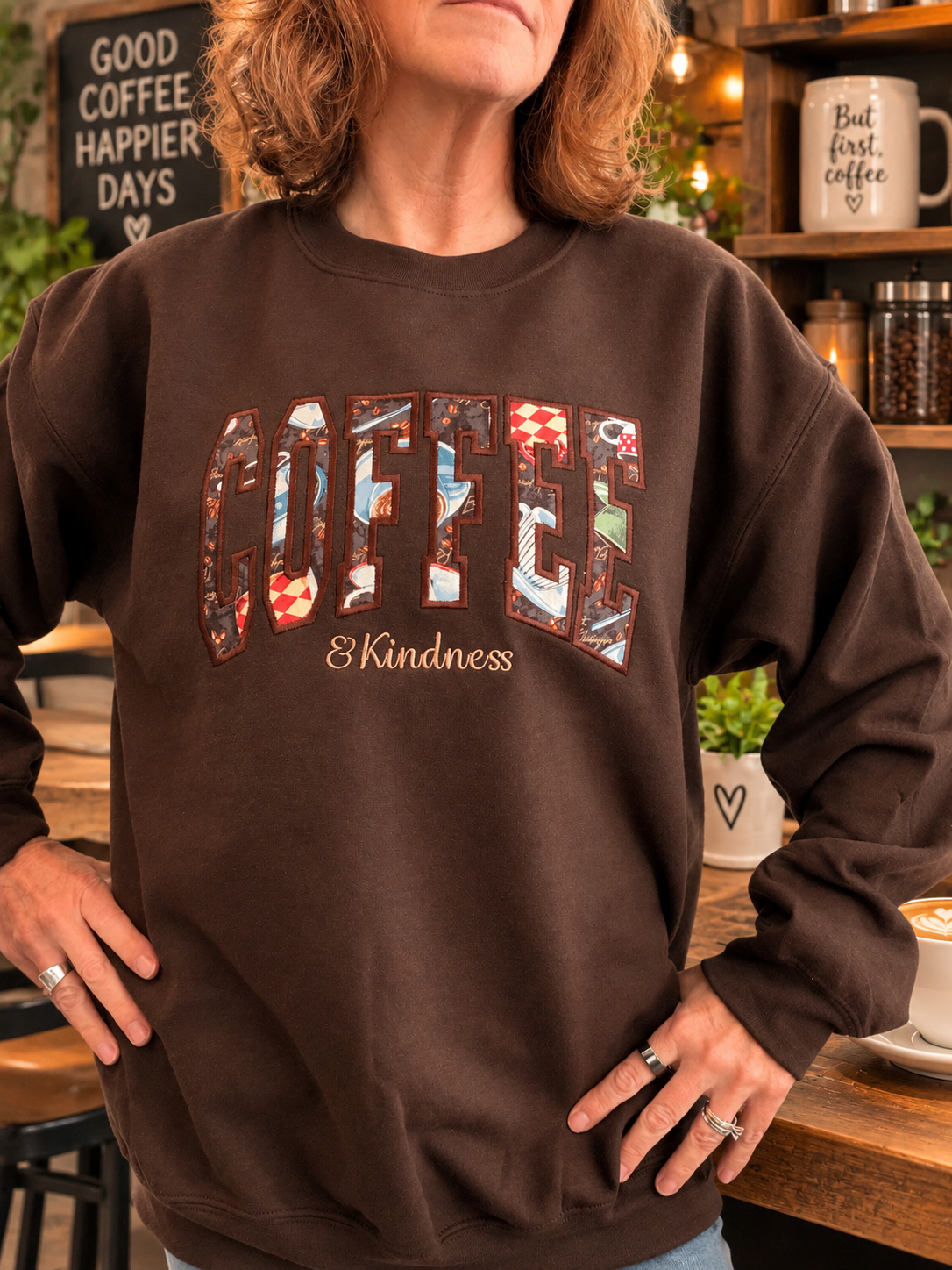 Embroidered Coffee Sweatshirt | Coffee & Kindness Shirt