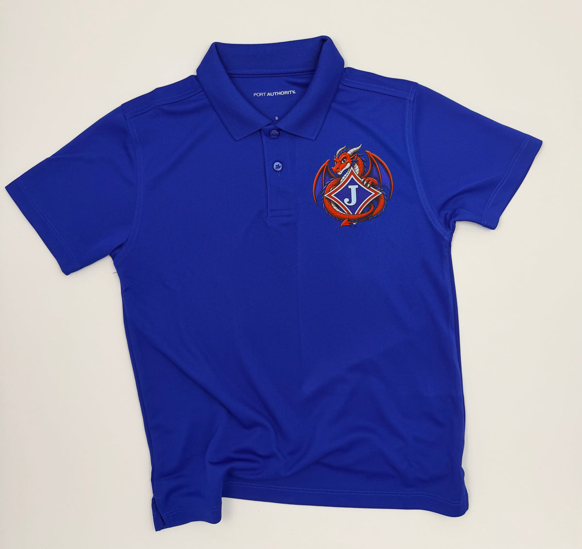 Youth Moisture Wicking Polo with DTF print of Dragon and School Logo