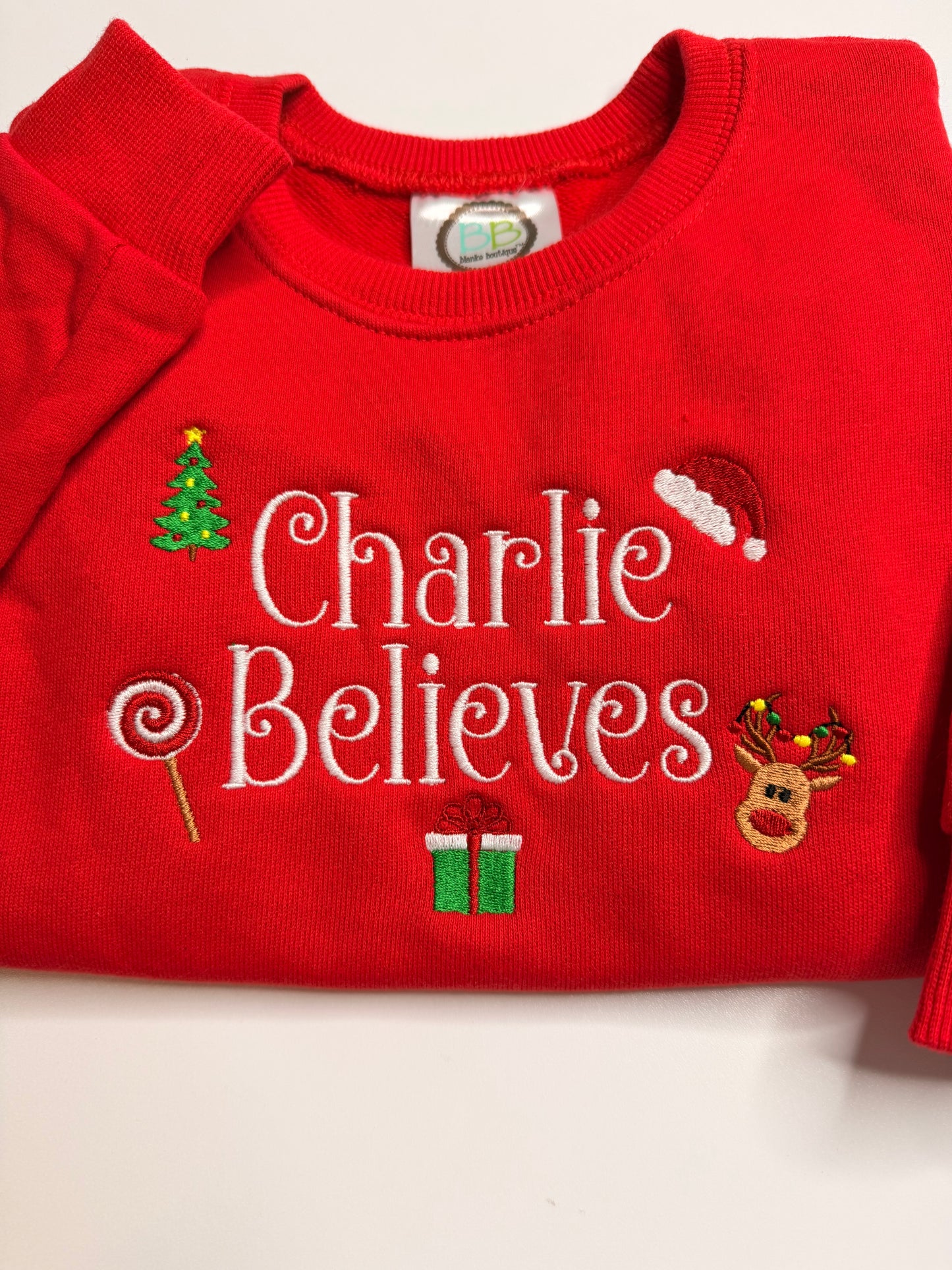 Christmas Embroidered Red Crewneck Youth Sweatshirt