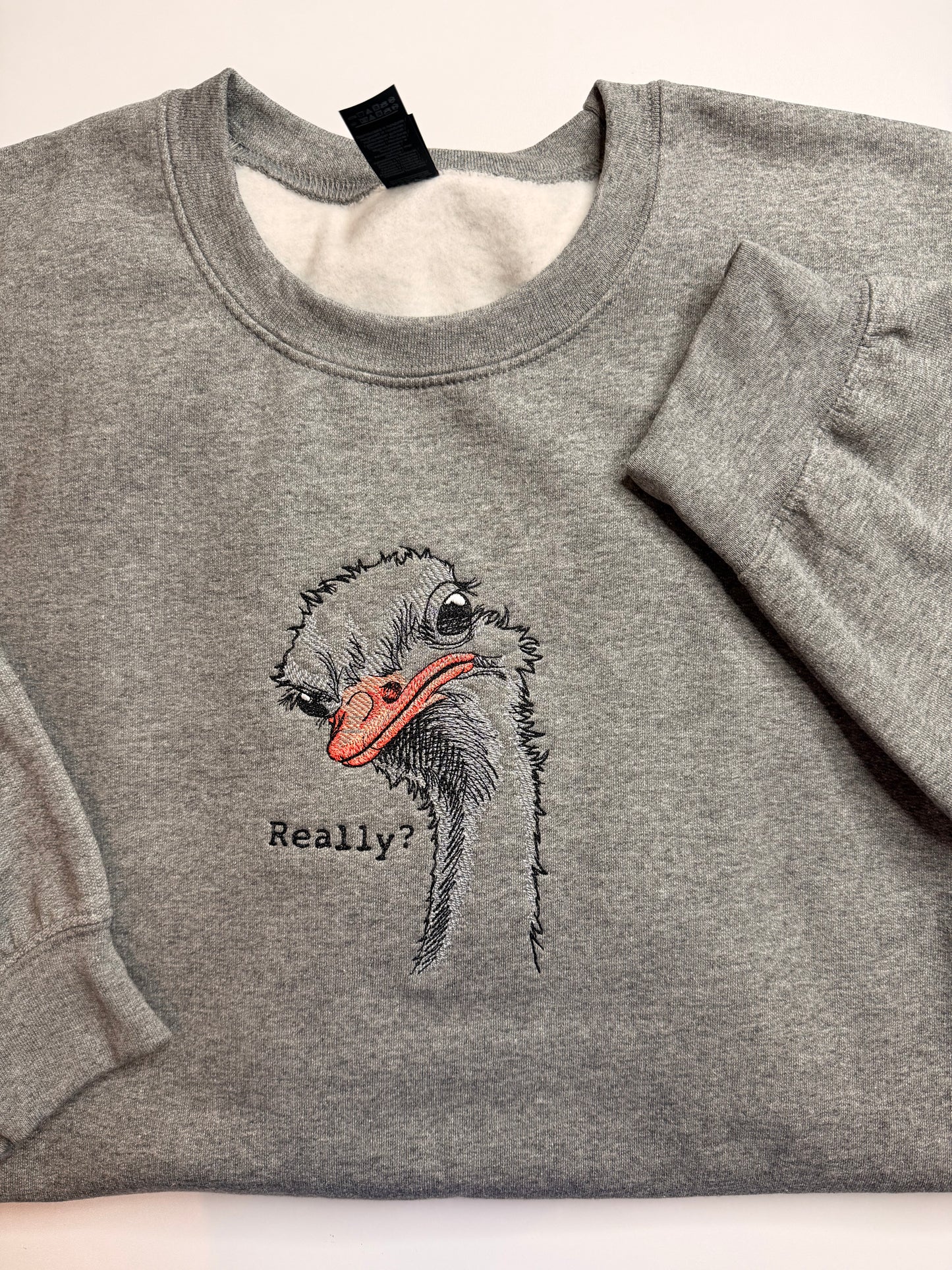 Embroidered Ostrich Sweatshirt, Funny Pun Crewneck, Sarcastic Humor