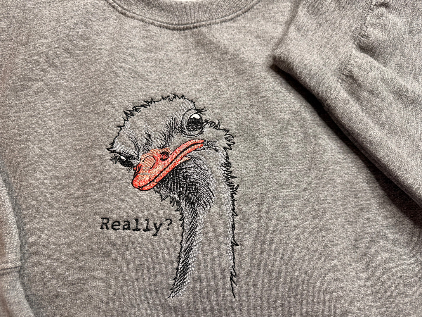 Embroidered Ostrich Sweatshirt, Funny Pun Crewneck, Sarcastic Humor