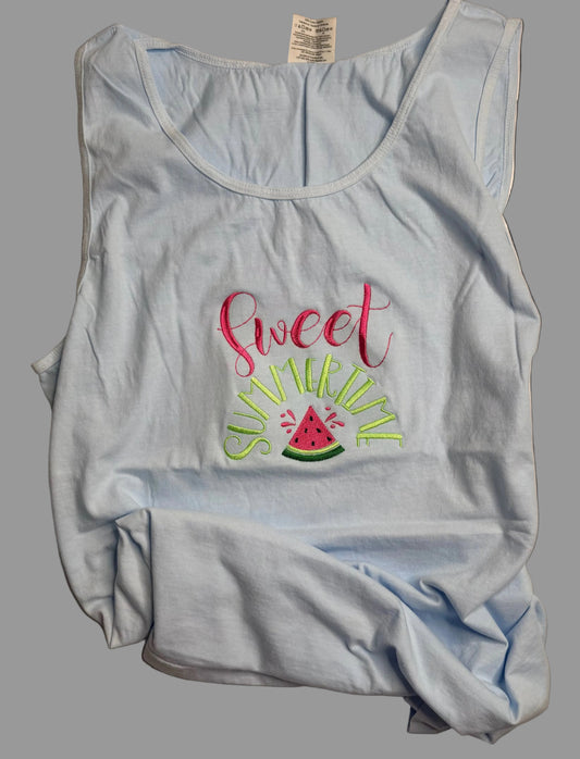 Light blue tank top with 'sweet summer' text and watermelon design on a gray background