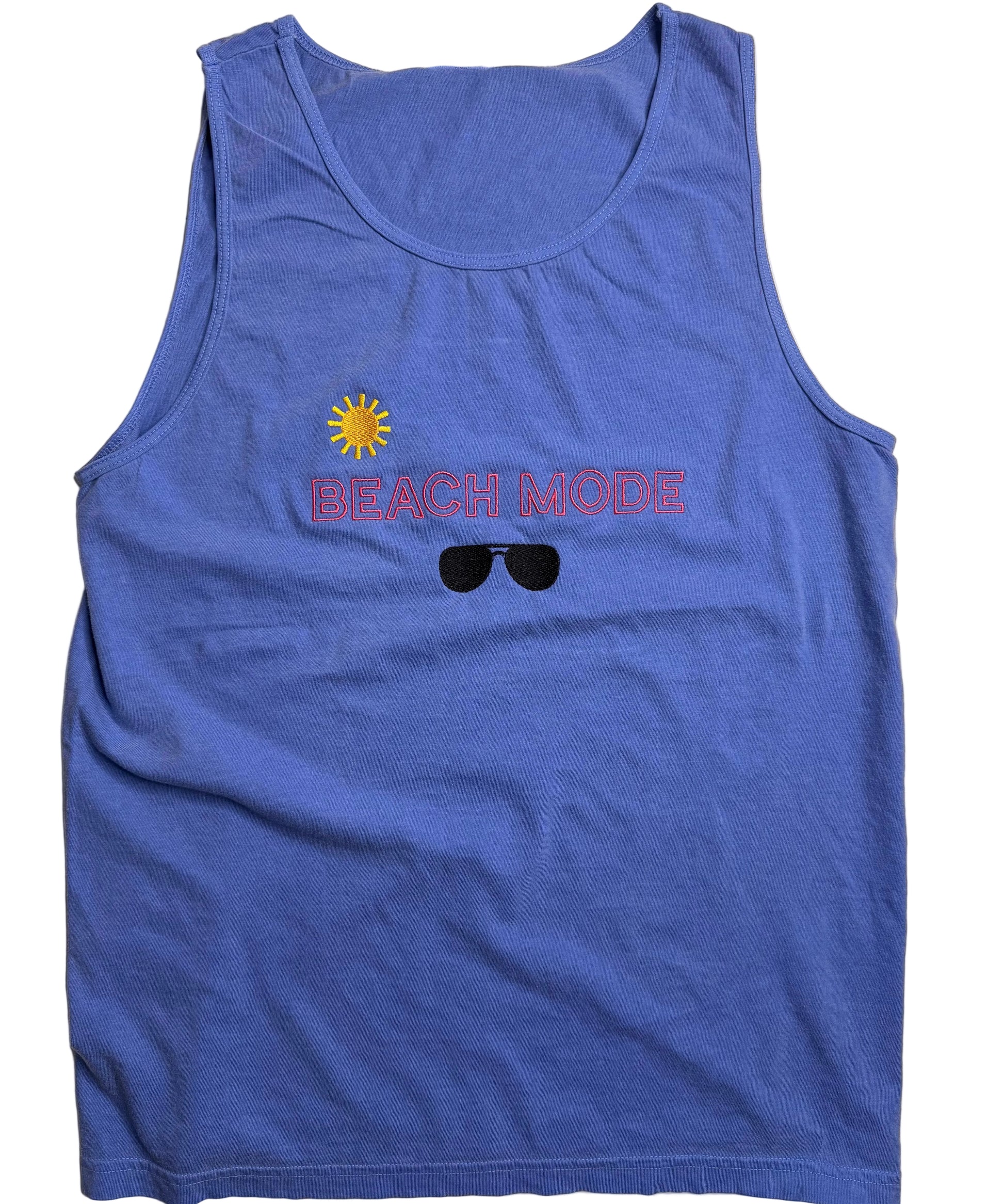 Blue tank top with 'Beach Mode' text and sun/sunglasses graphics on a white background