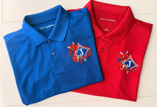 Youth Short Sleeve Moisture Wicking Polo with DTF print of Cute Dragon and Logo