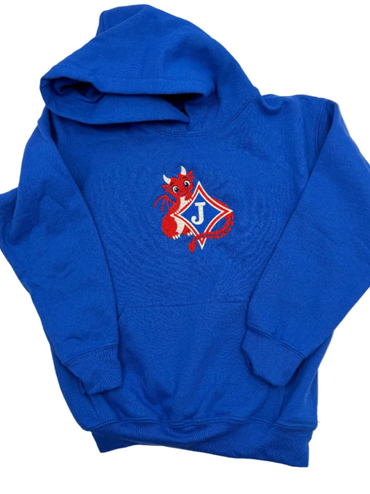 A Royal Blue Hoodie embroidered with a baby dragon with his tail wrapped around the Jefferson City School logo.