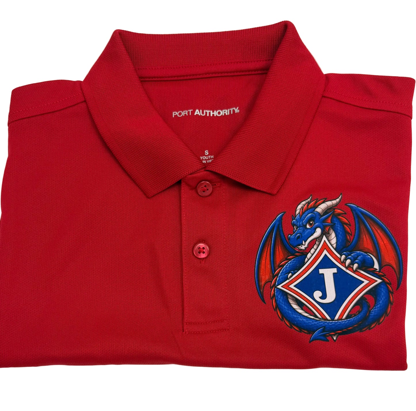 Youth Moisture Wicking Polo with DTF print of Dragon and School Logo