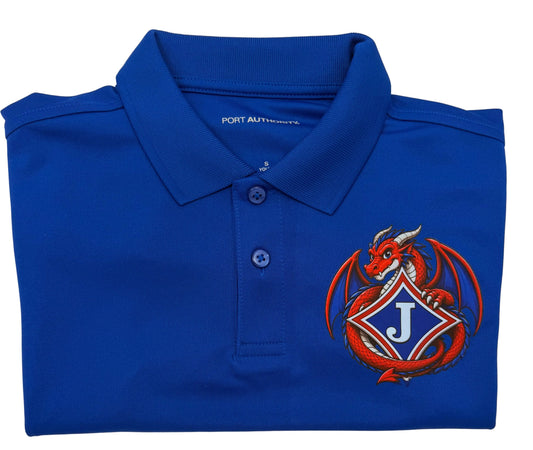 Youth Moisture Wicking Polo with DTF print of Dragon and School Logo