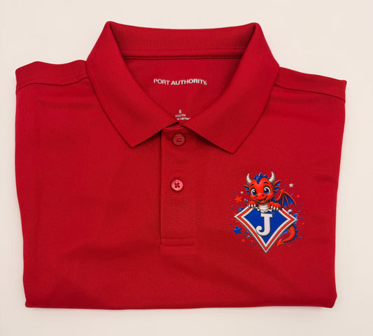 Youth Moisture Wicking Polo with DTF print of cute Dragon Bursting from Logo