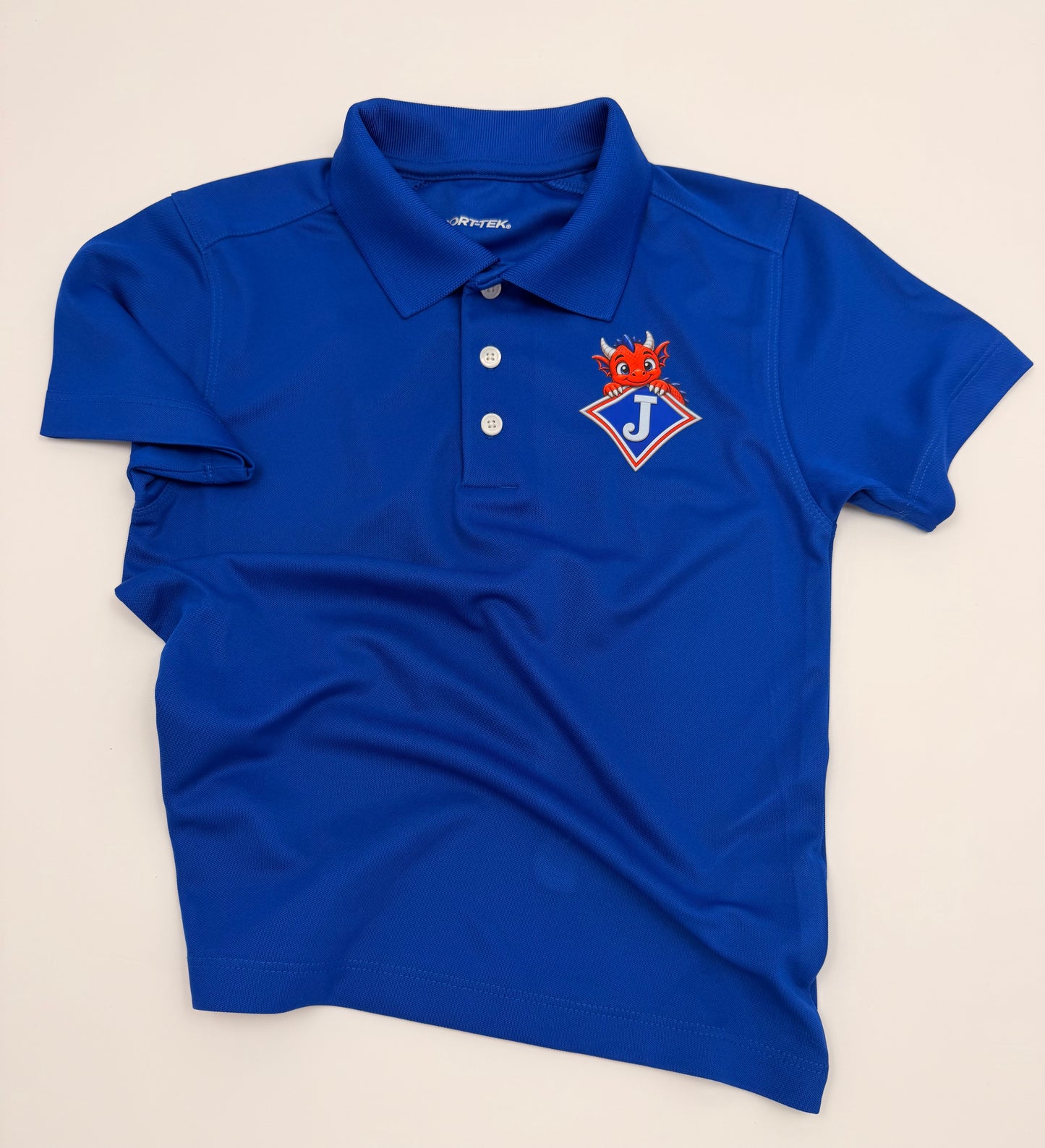 Youth Moisture Wicking Polo with DTF print of cute Dragon Peeking over Logo