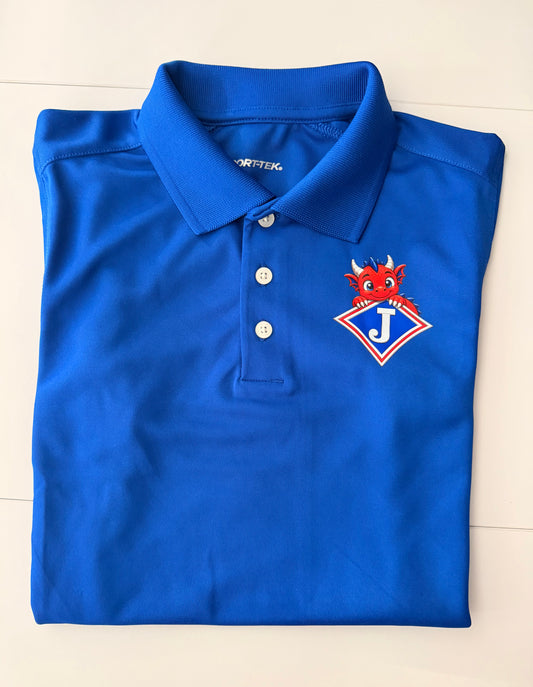 Youth Moisture Wicking Polo with DTF print of cute Dragon Peeking over Logo
