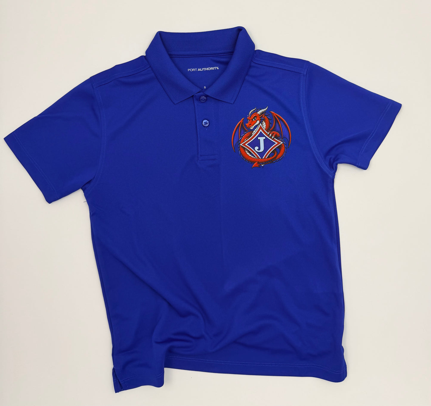 Youth Moisture Wicking Polo with DTF print of Dragon and School Logo