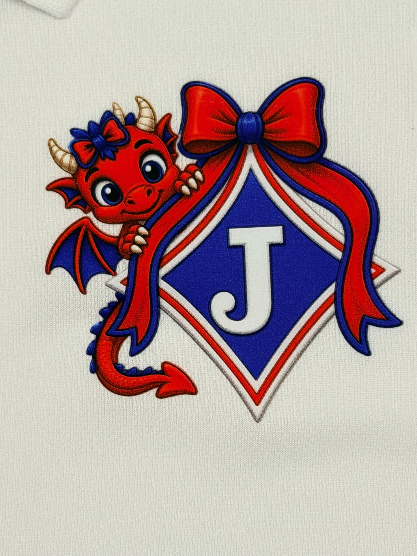 Youth Moisture Wicking Polo with DTF print of Young Girl Dragon with a Bow Logo