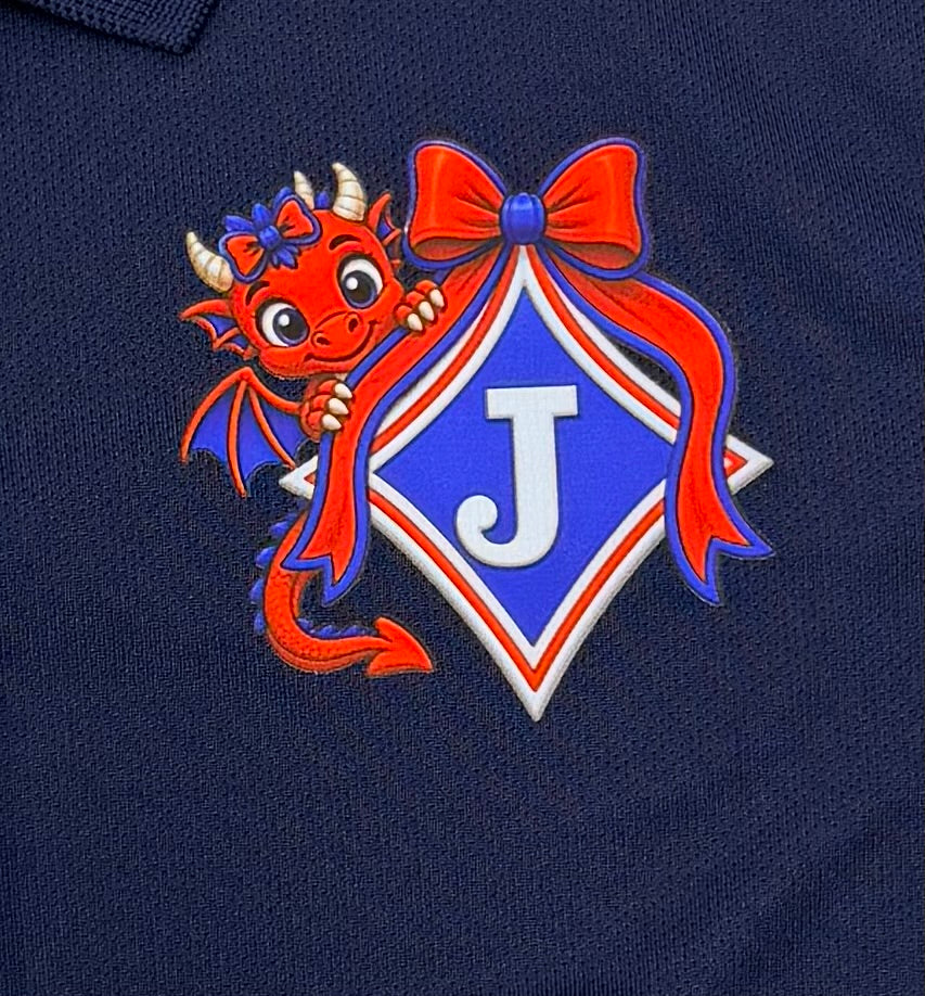 Youth Moisture Wicking Polo with DTF print of Young Girl Dragon with a Bow Logo