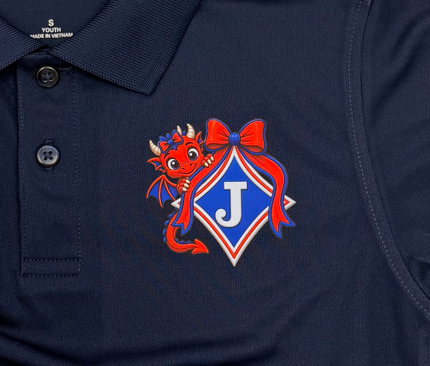 Youth Moisture Wicking Polo with DTF print of Young Girl Dragon with a Bow Logo