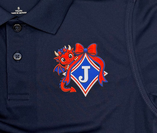 Youth Moisture Wicking Polo with DTF print of Young Girl Dragon with a Bow Logo