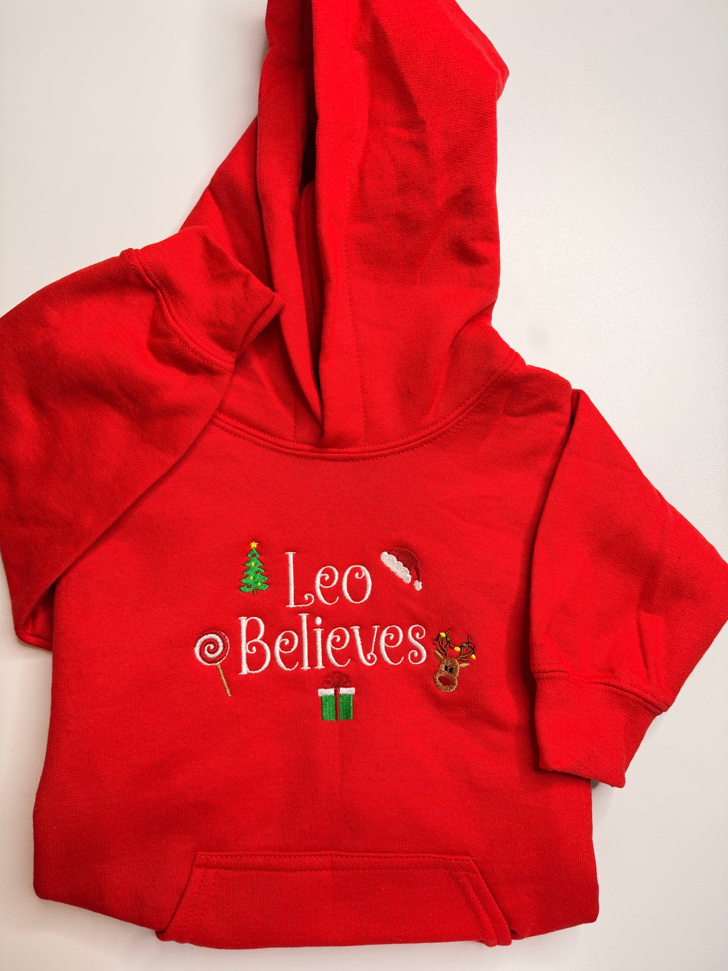 Embroidered Christmas "(Child's Name) Believes" Hooded Sweatshirt