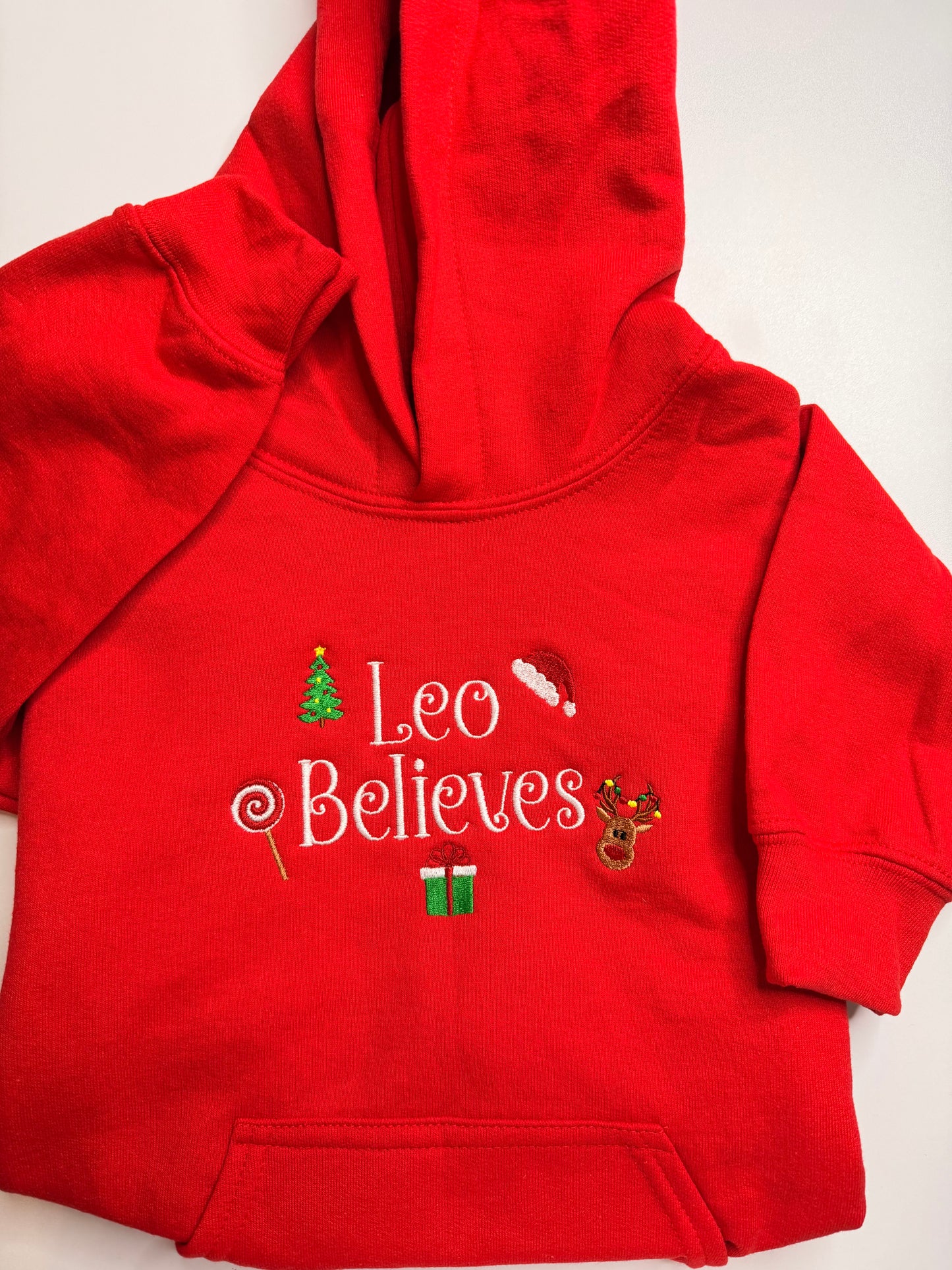 Embroidered Christmas "(Child's Name) Believes" Hooded Sweatshirt