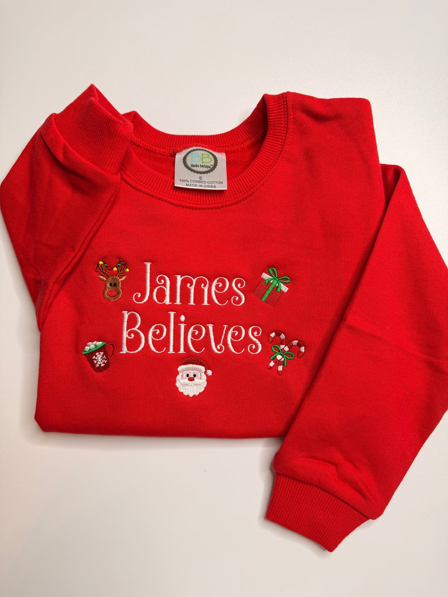Christmas Embroidered Red Crewneck Youth Sweatshirt