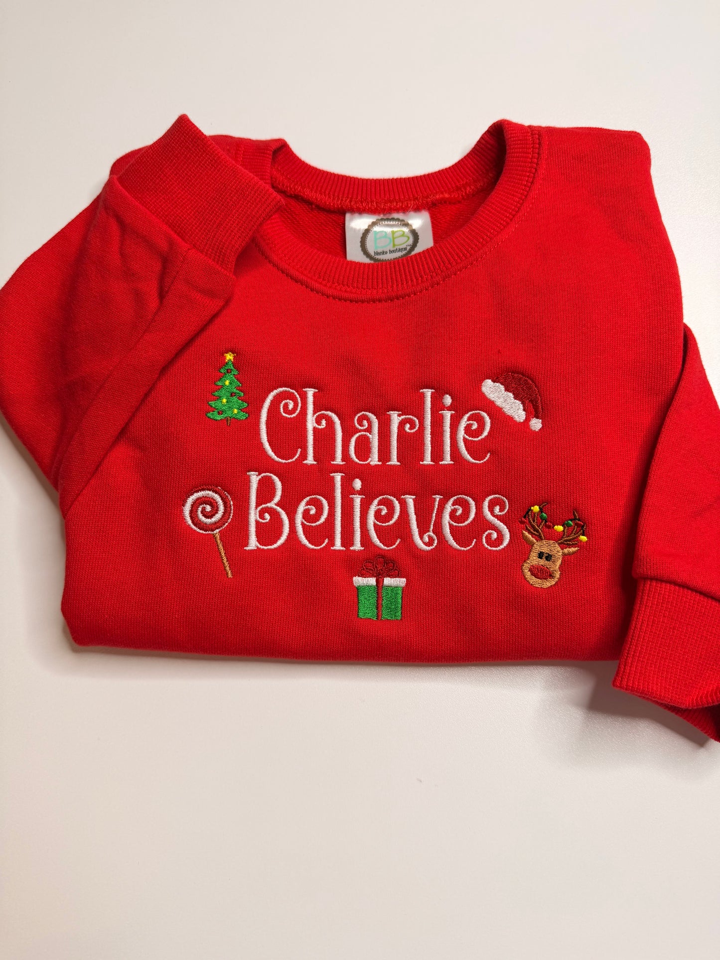 Christmas Embroidered Red Crewneck Youth Sweatshirt