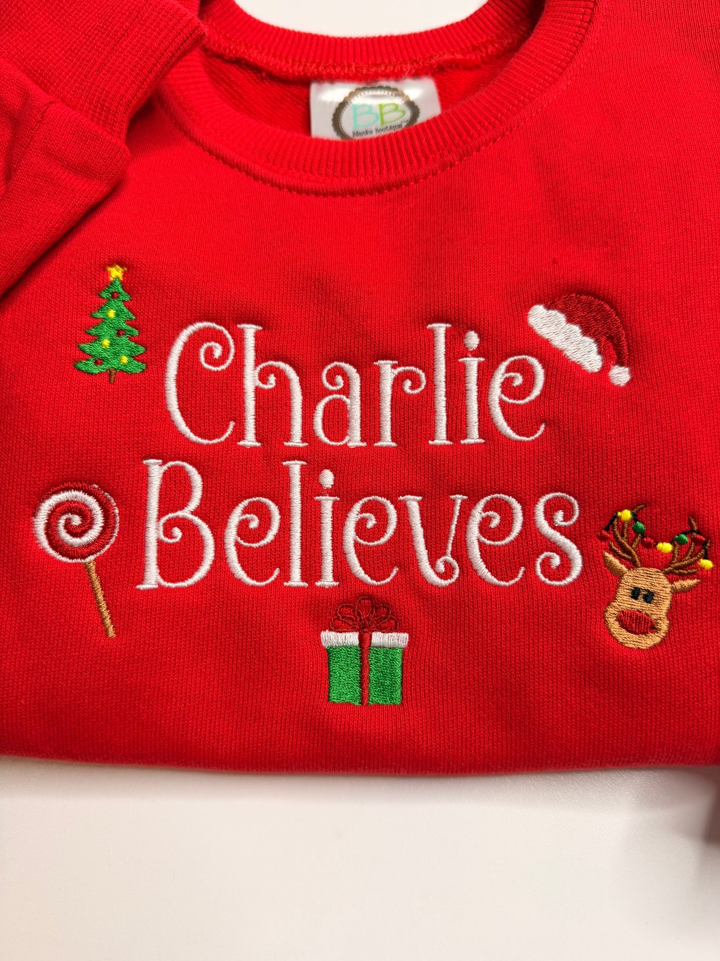 Christmas Embroidered Red Crewneck Youth Sweatshirt