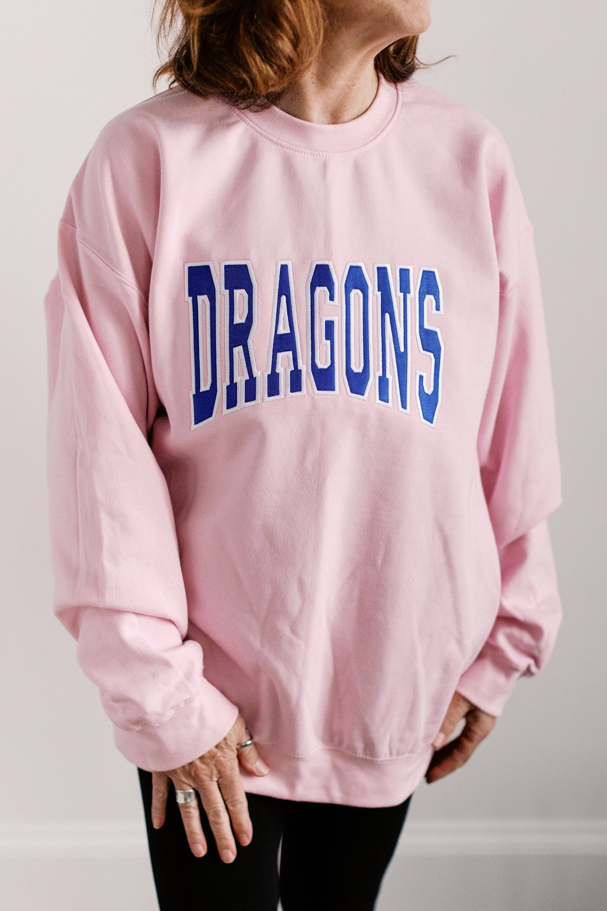 Pink with Blue Dragons Satin Spiritwear Top | Dragons Sparkly Embroidered Sweatshirt