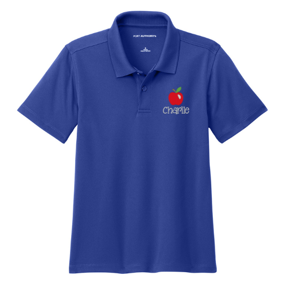 Youth Short Sleeve Moisture Wicking Polo with Embroidered Apple and Name